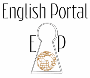 Globe inside keyhole outline represents English Portal, an online ESL school based in Austin, Texas where you can study English in private or group classes using video.